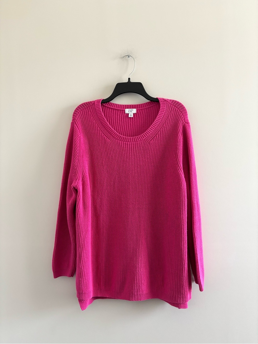 Crown & Ivy Fisherman Sweater Pullover Pink Ribbed Knit Cotton Womens XL Preppy